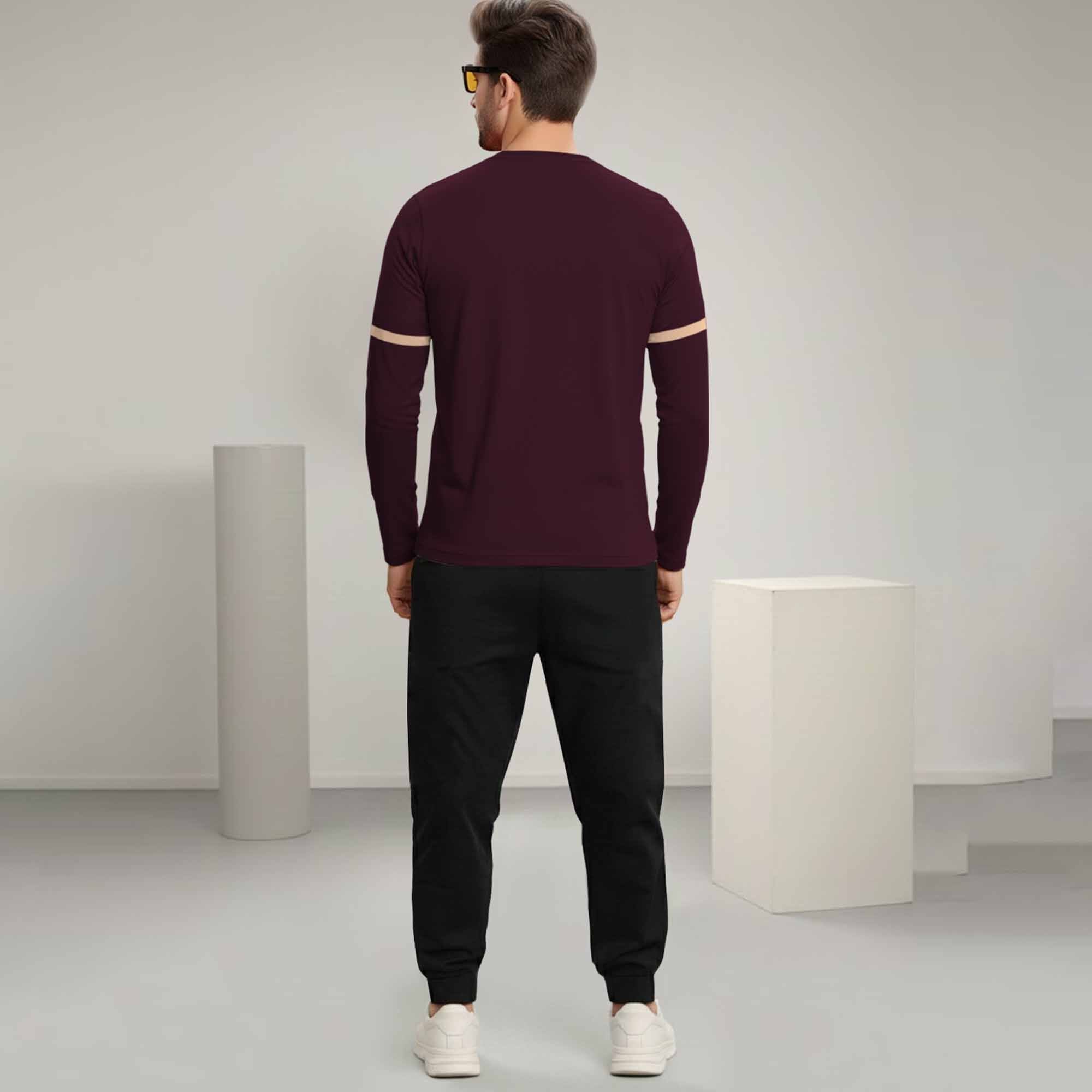 Out Fit Set Full Sleeve Printed Maroon Tshirt Matching Black Trackpant