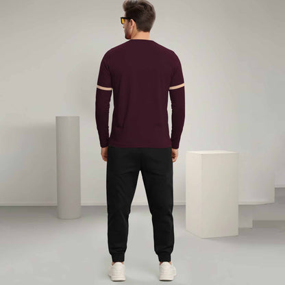 Out Fit Set Full Sleeve Printed Maroon Tshirt Matching Black Trackpant