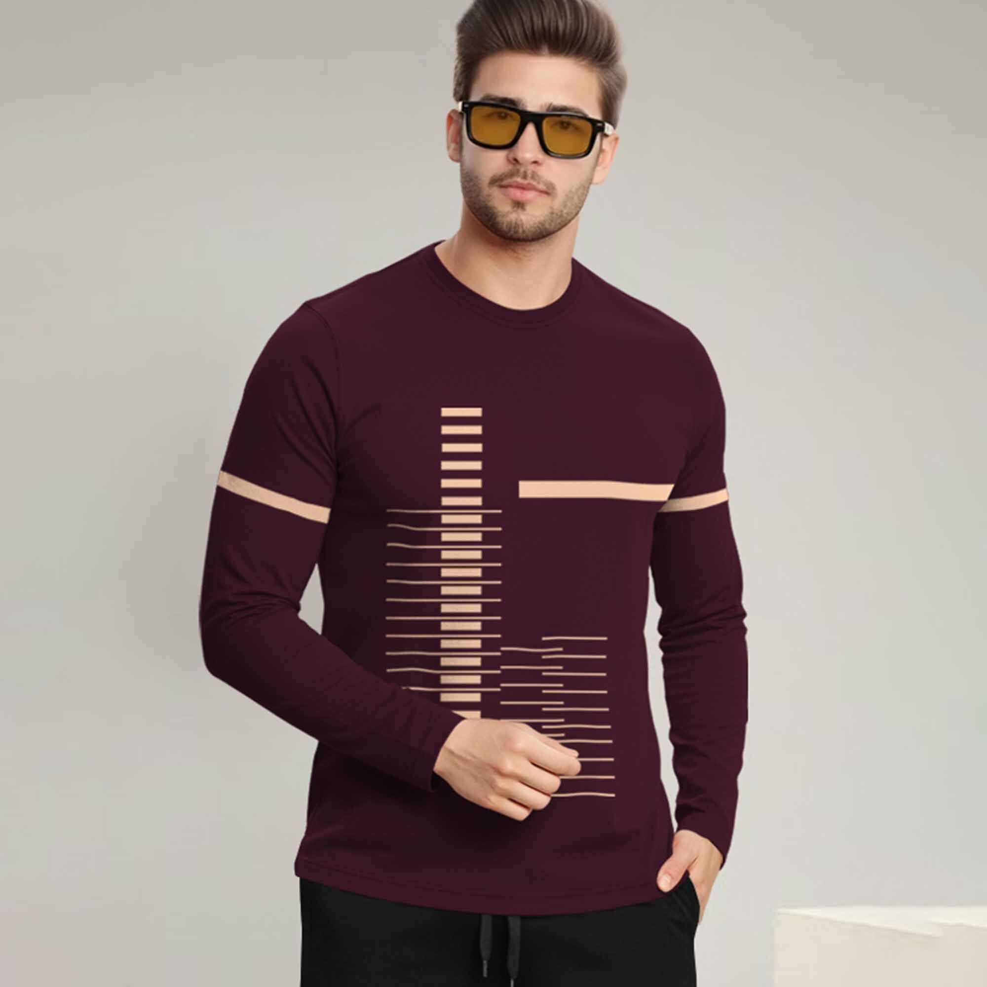 Out Fit Set Full Sleeve Printed Maroon Tshirt Matching Black Trackpant