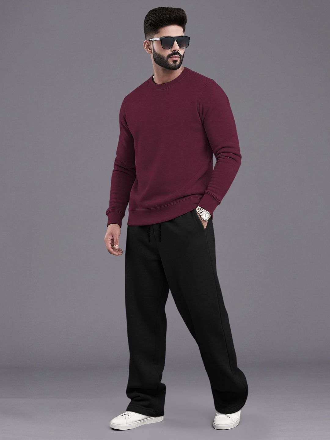 Tracksuit Men Round Neck Plain Sweatshirt & Loose Fit Plain Trackpants