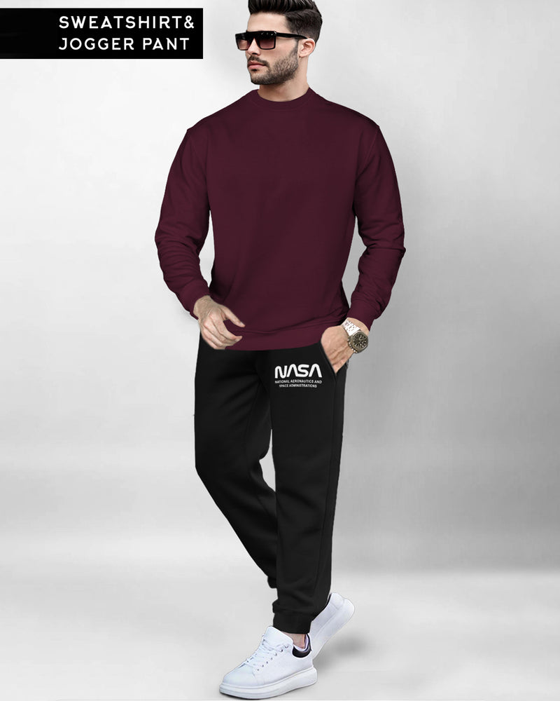 Men Winter Tracksuit - Solid Maroon Sweatshirt & Black Track Pant