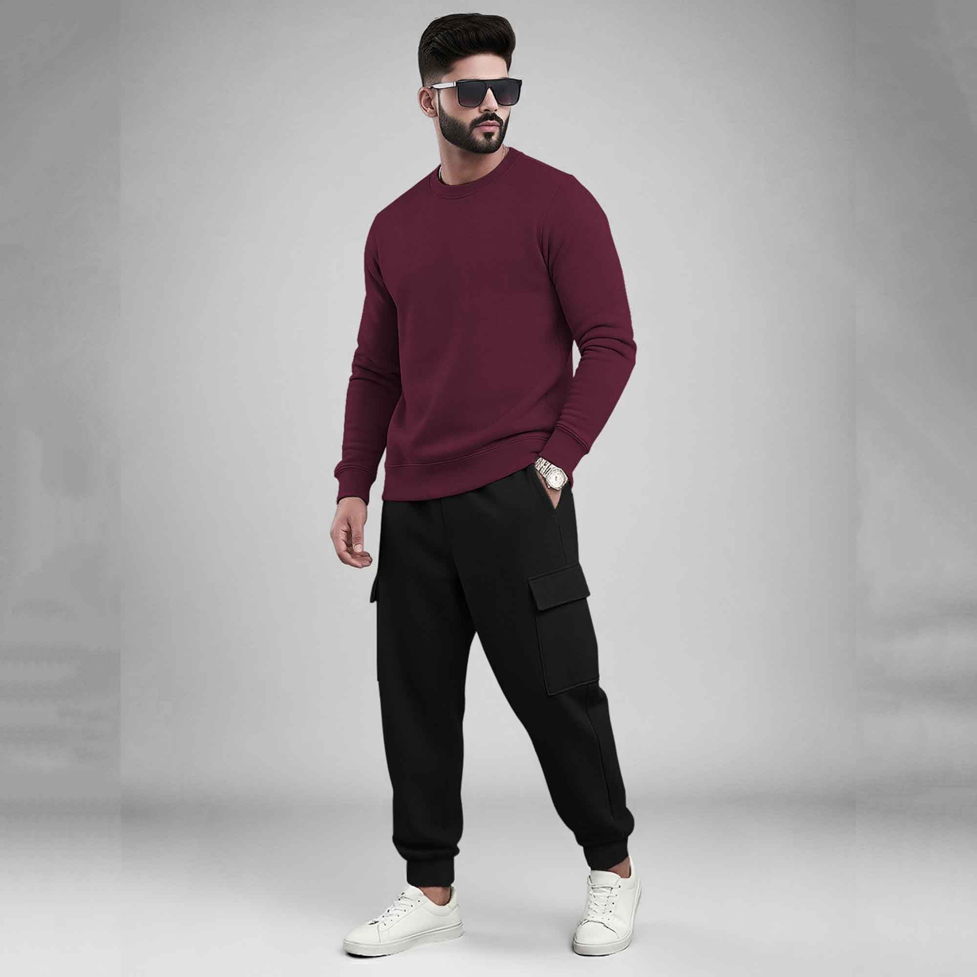 Plain Round Neck Sweatshirts and Cargo Joggers Outfit Sets with 5 Variants