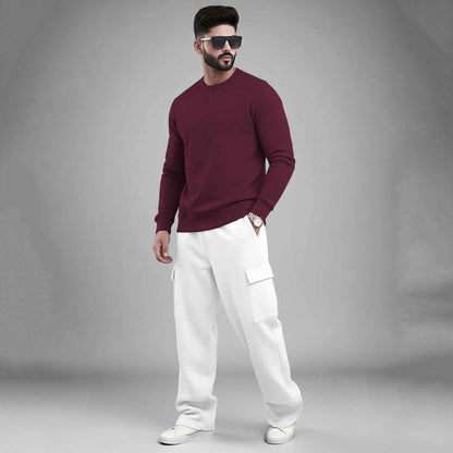 Outfit Set Round Neck Plain Sweatshirt & Plain White Baggy Cargo
