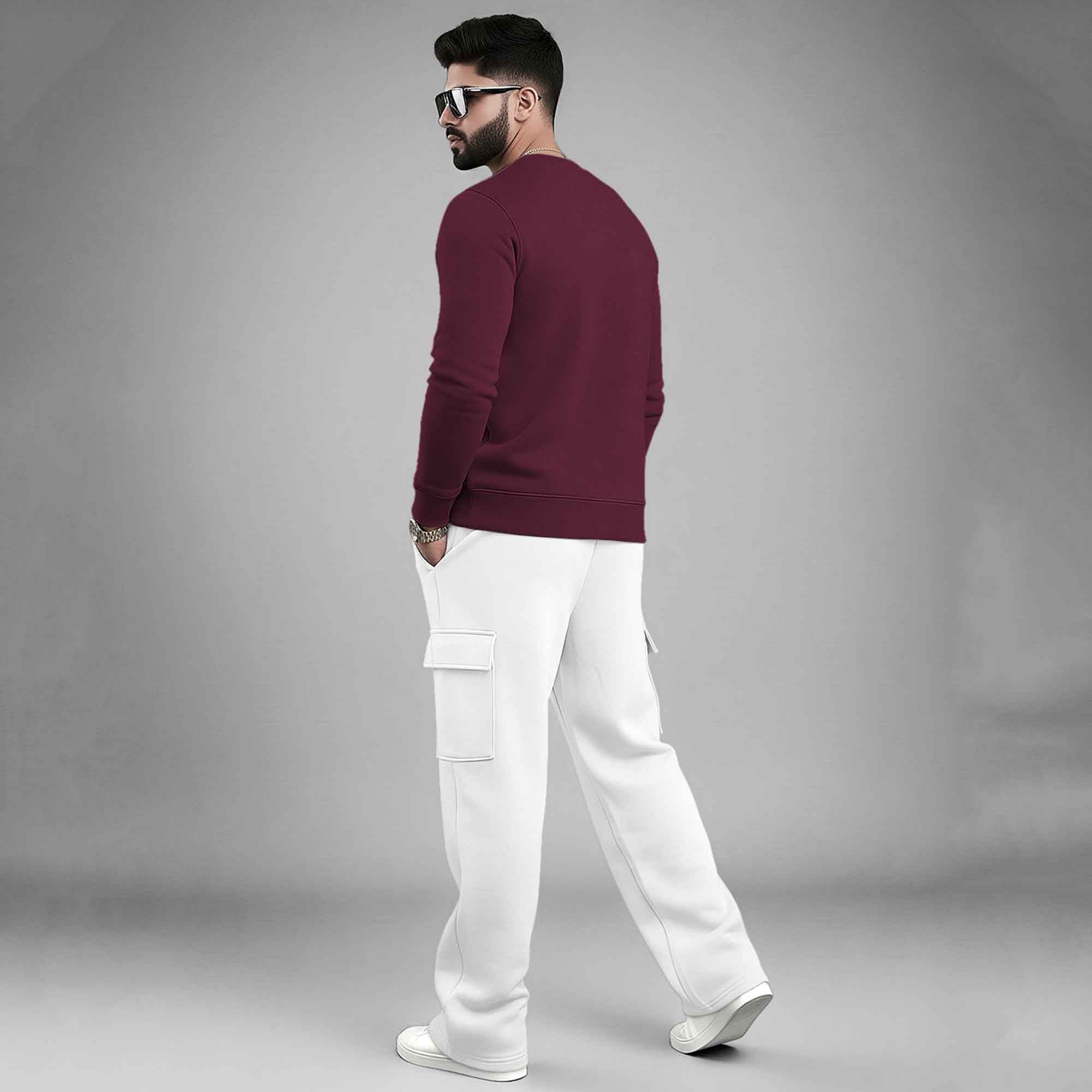 Outfit Set Round Neck Plain Sweatshirt & Plain White Baggy Cargo