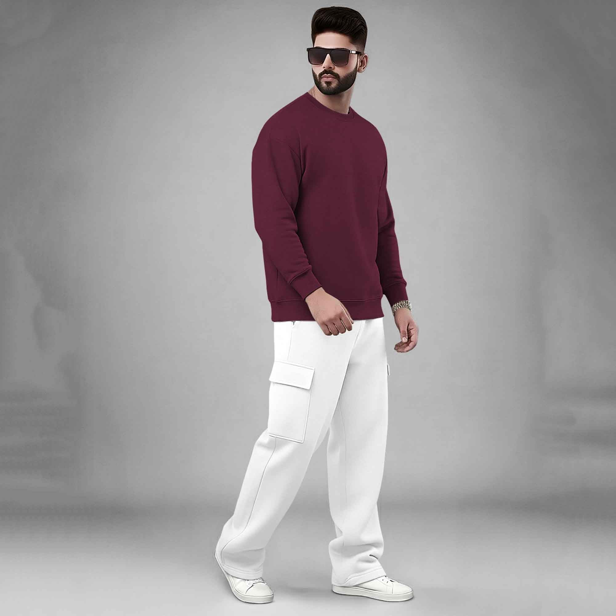 Outfit Set Round Neck Plain Sweatshirt & Plain White Baggy Cargo