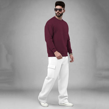 Outfit Set Round Neck Plain Sweatshirt & Plain White Baggy Cargo
