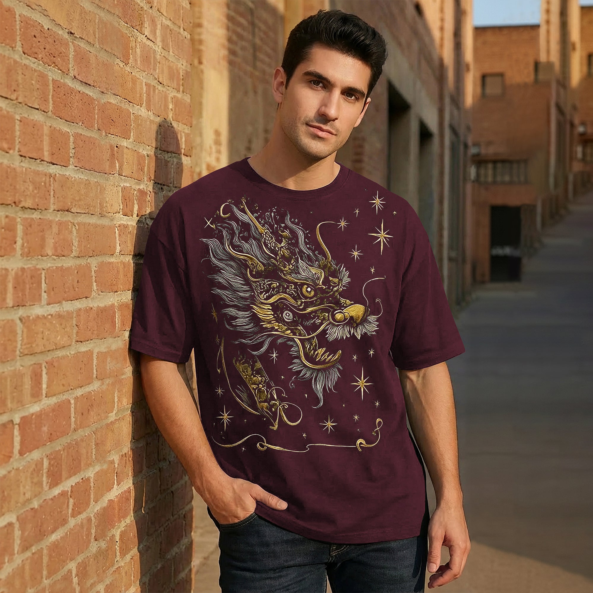 Japanese Dragon Printed Oversized Maroon Tshirt