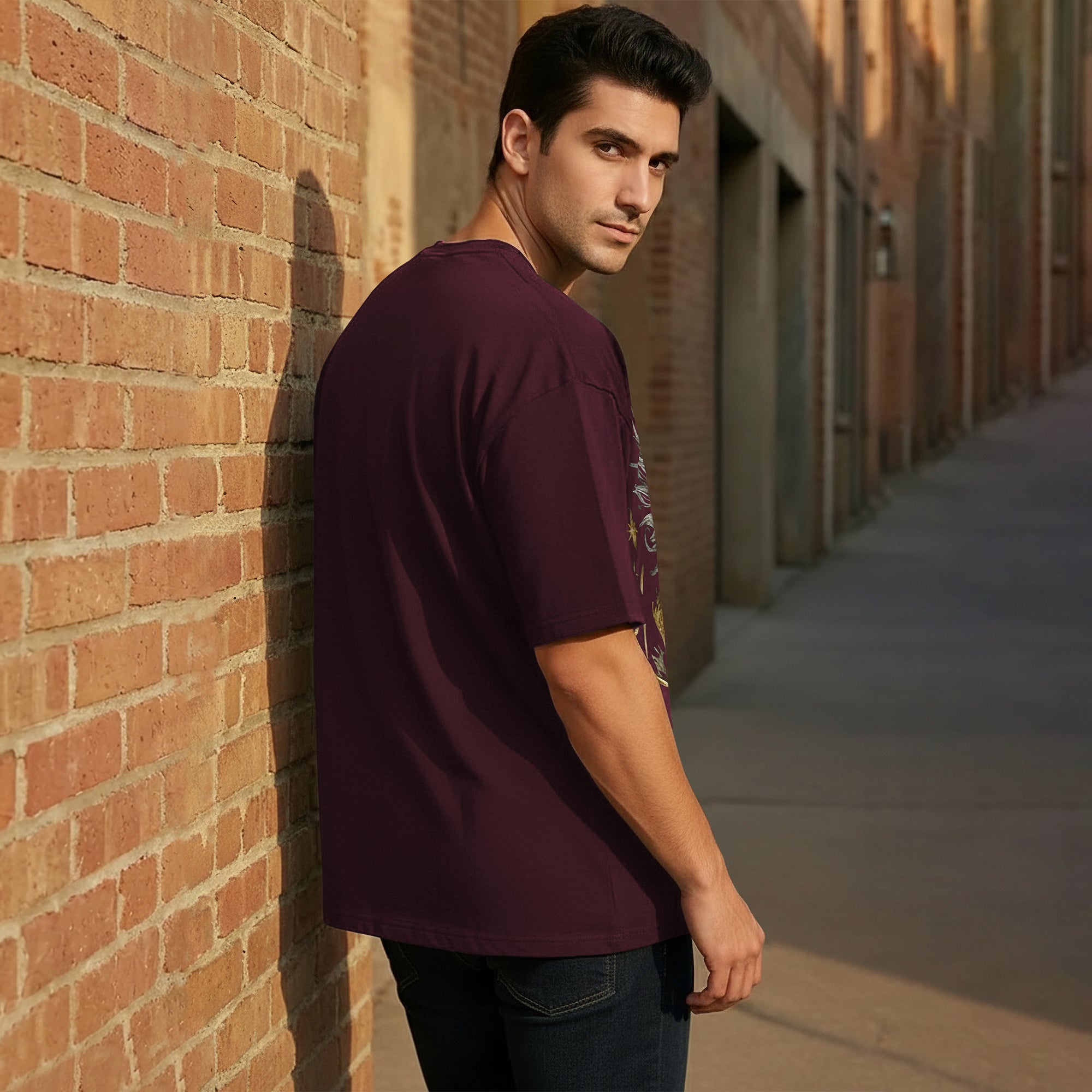 Japanese Dragon Printed Oversized Maroon Tshirt