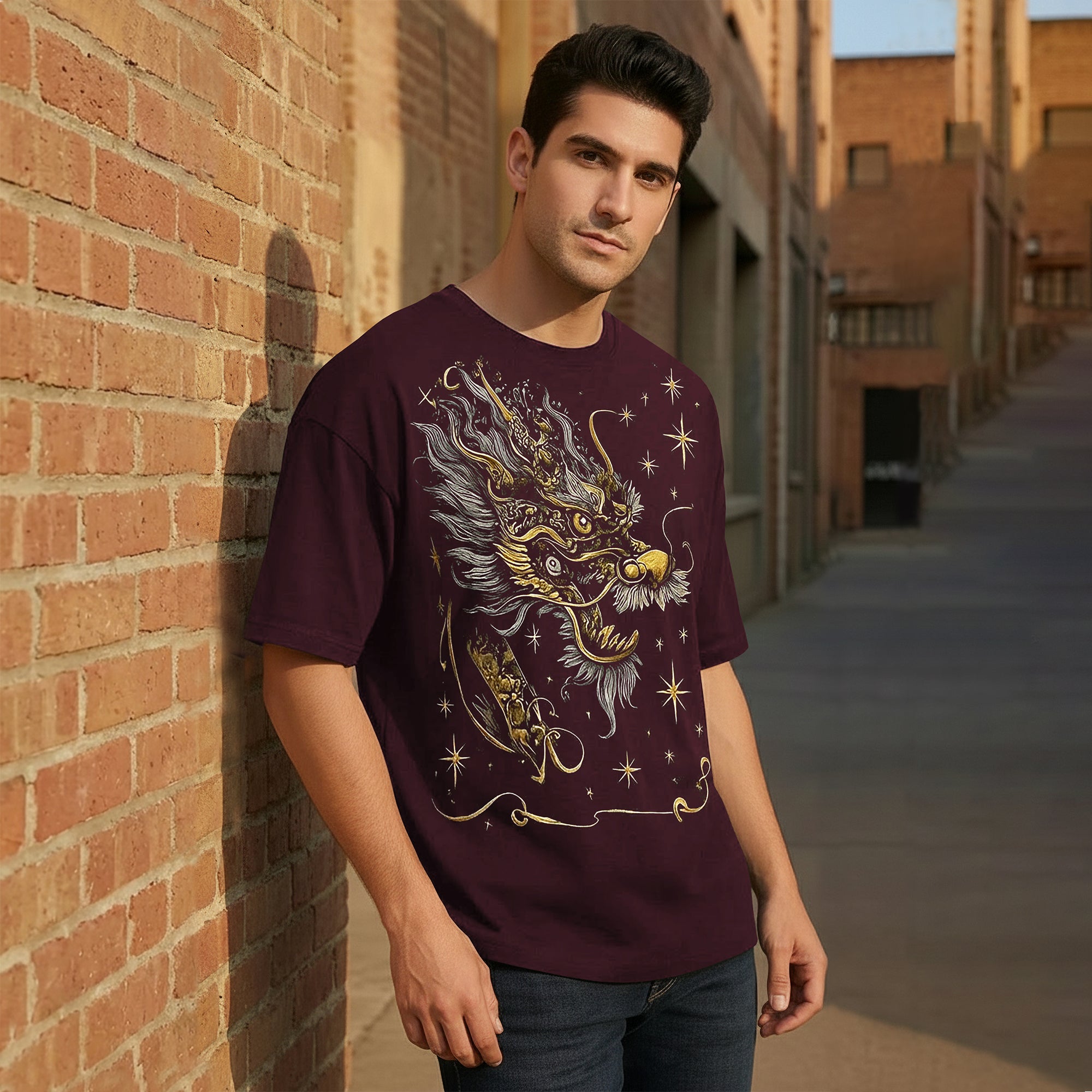 Japanese Dragon Printed Oversized Maroon Tshirt