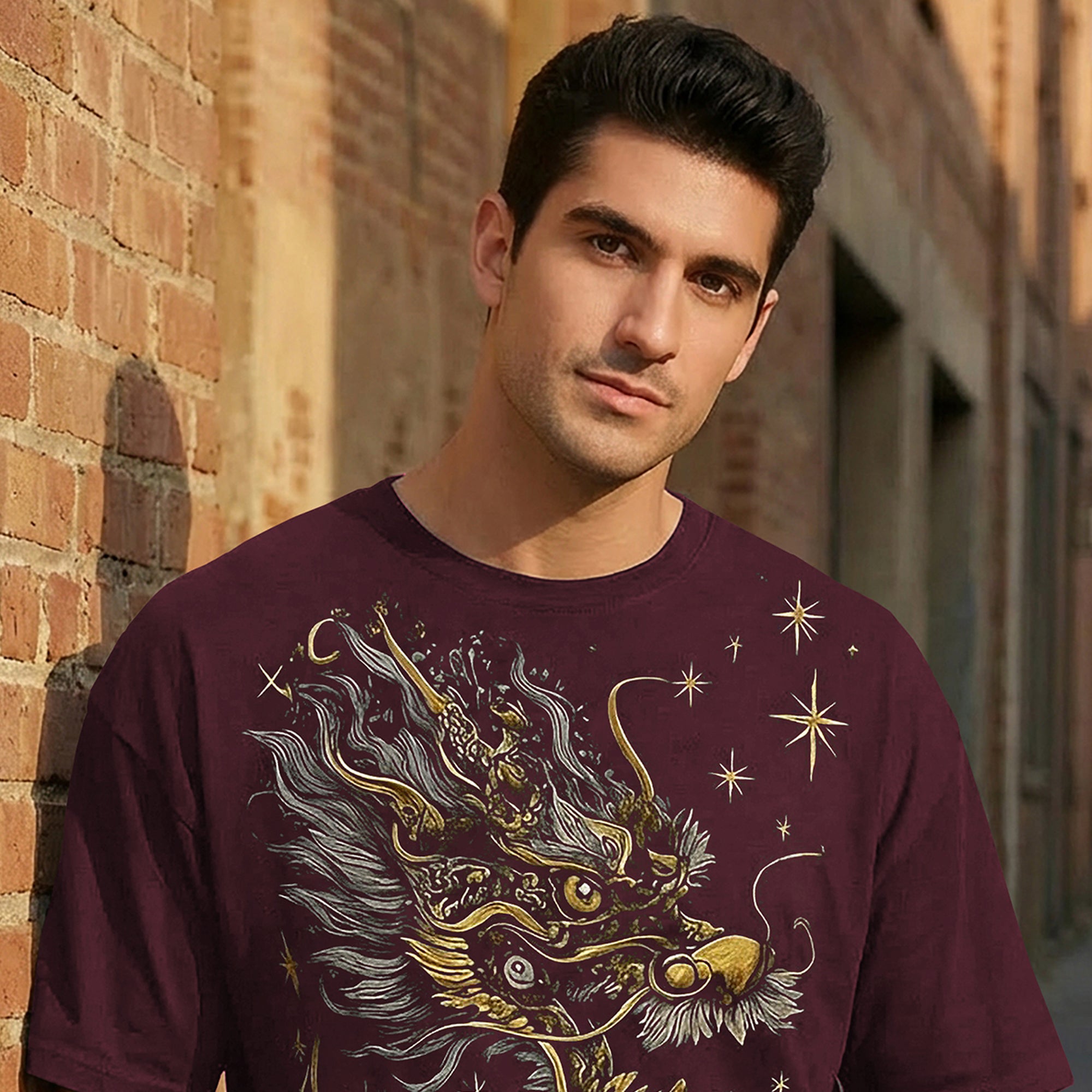 Japanese Dragon Printed Oversized Maroon Tshirt