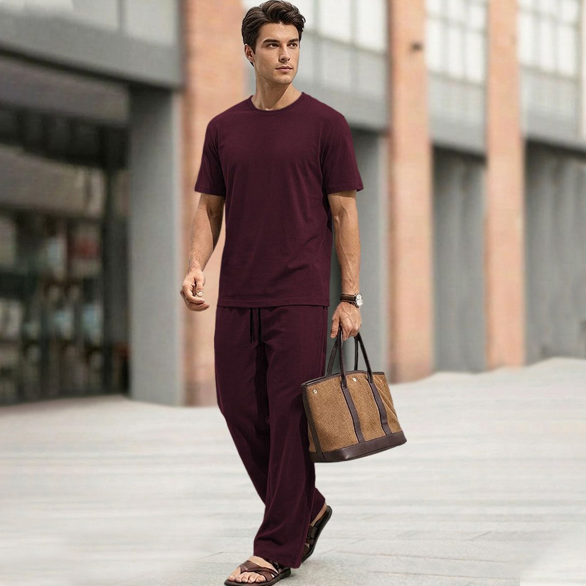 Men Tracksuit Round Neck Plain Tshirts Loose Fit Plain Trackpants
