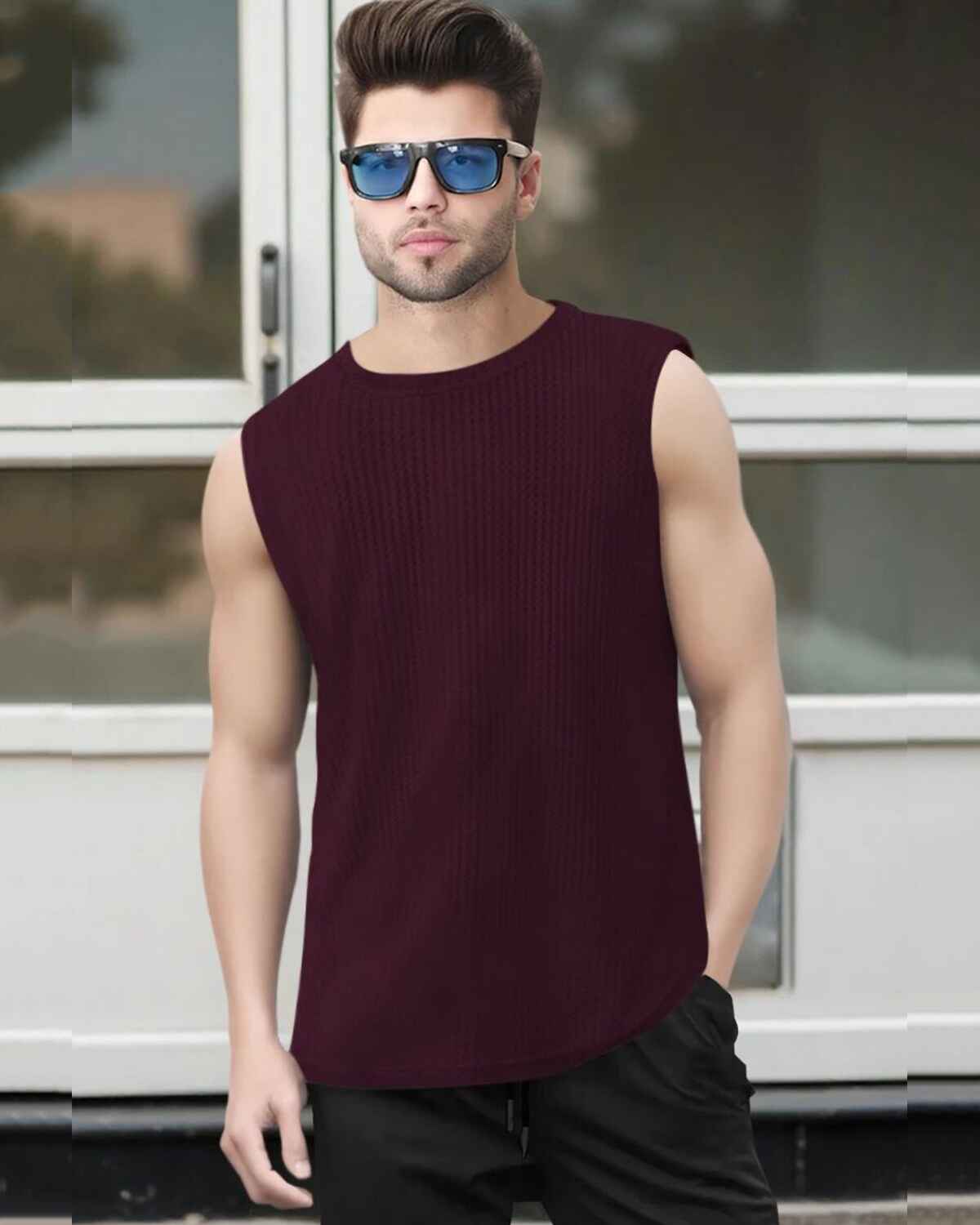 Men Casual Round Neck Plain Maroon Waffle Vest