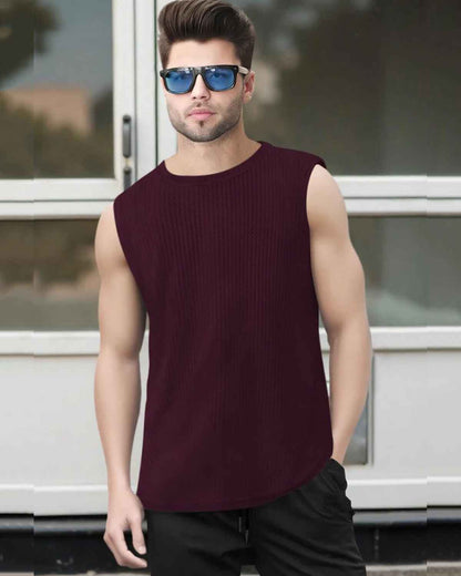 Men Casual Round Neck Plain Maroon Waffle Vest