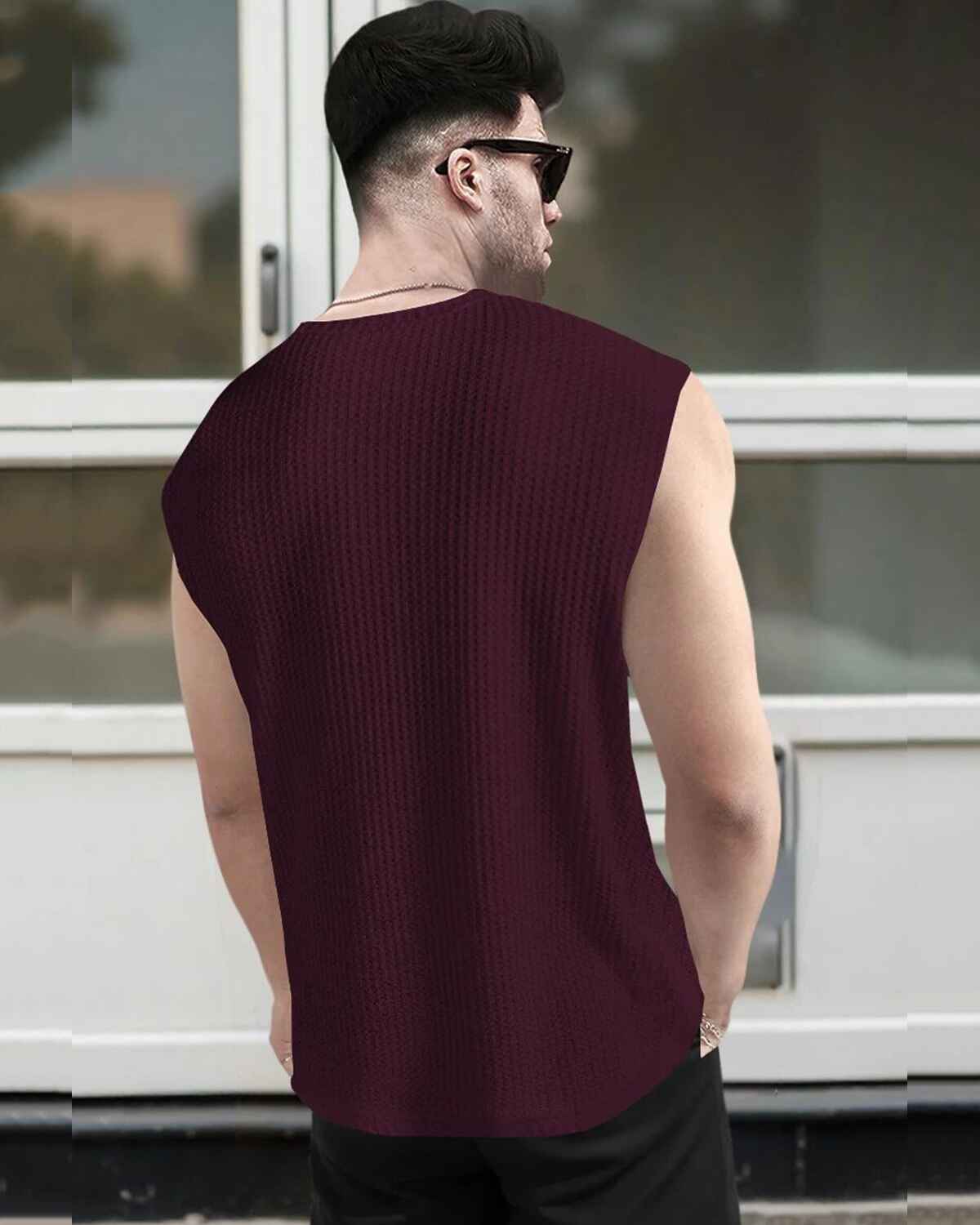 Men Casual Round Neck Plain Maroon Waffle Vest