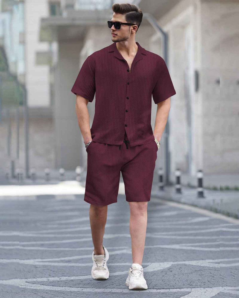 WAFFLE PLAIN TEXTURED SHIRT WITH SHORT / MAROON