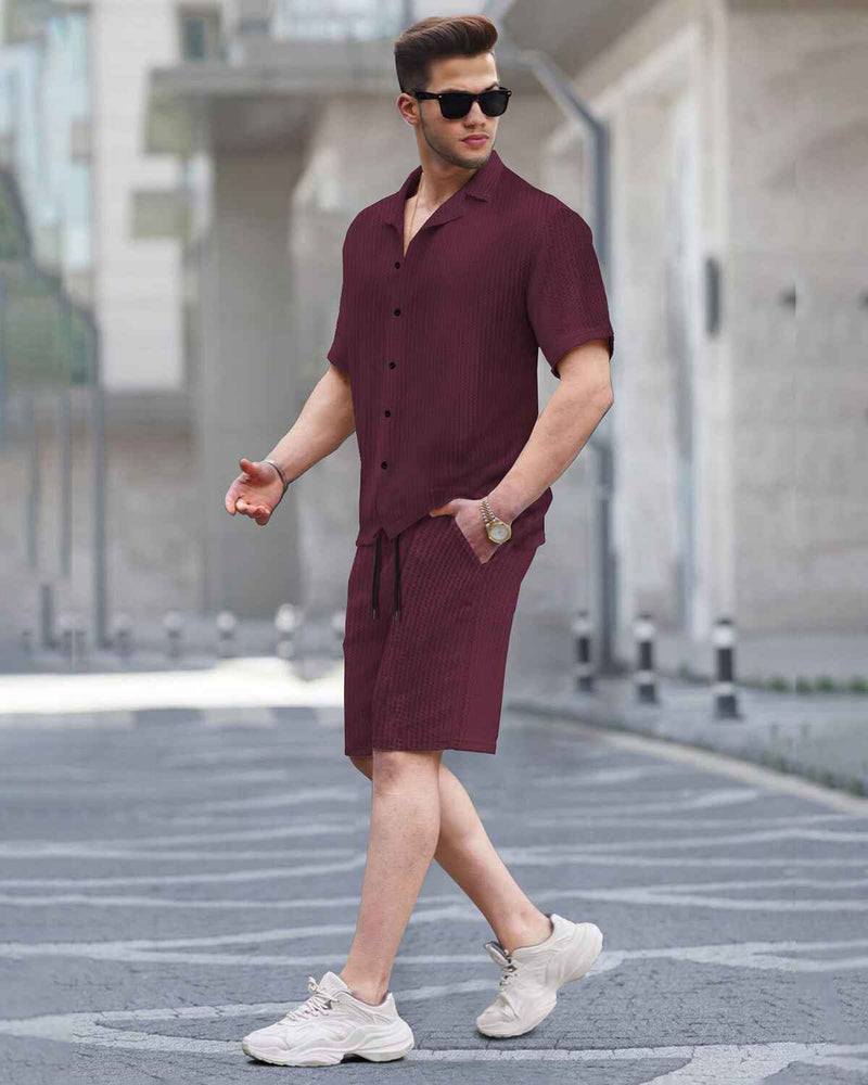 WAFFLE PLAIN TEXTURED SHIRT WITH SHORT / MAROON