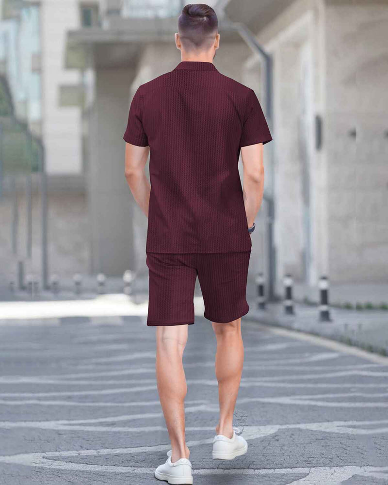WAFFLE PLAIN TEXTURED SHIRT WITH SHORT / MAROON