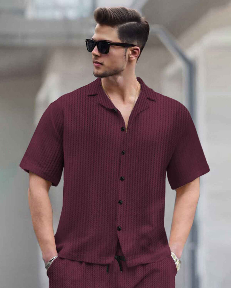 WAFFLE PLAIN TEXTURED SHIRT WITH SHORT / MAROON