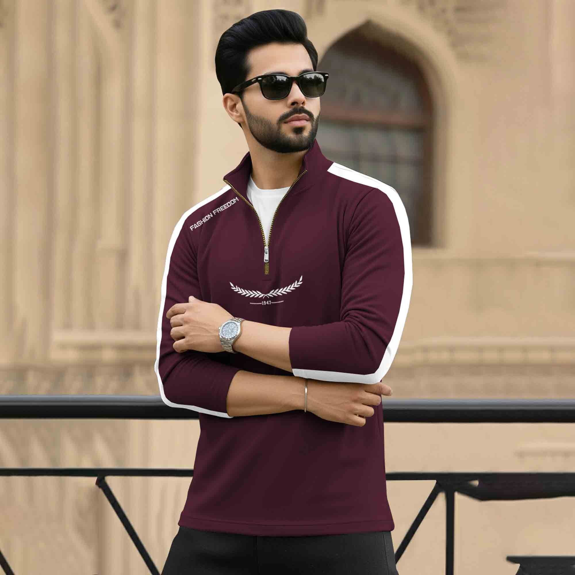 Men Full Sleeve Round Neck Cotton Blend Maroon-White T-shirt