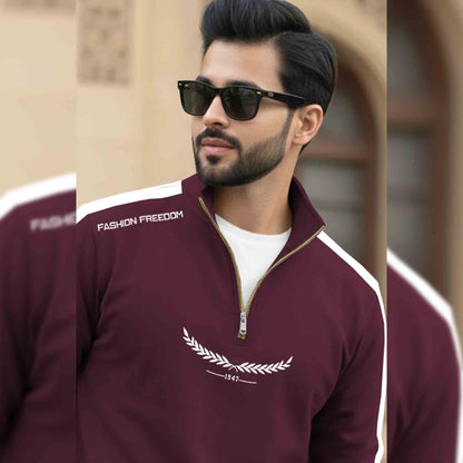 Men Full Sleeve Round Neck Cotton Blend Maroon-White T-shirt