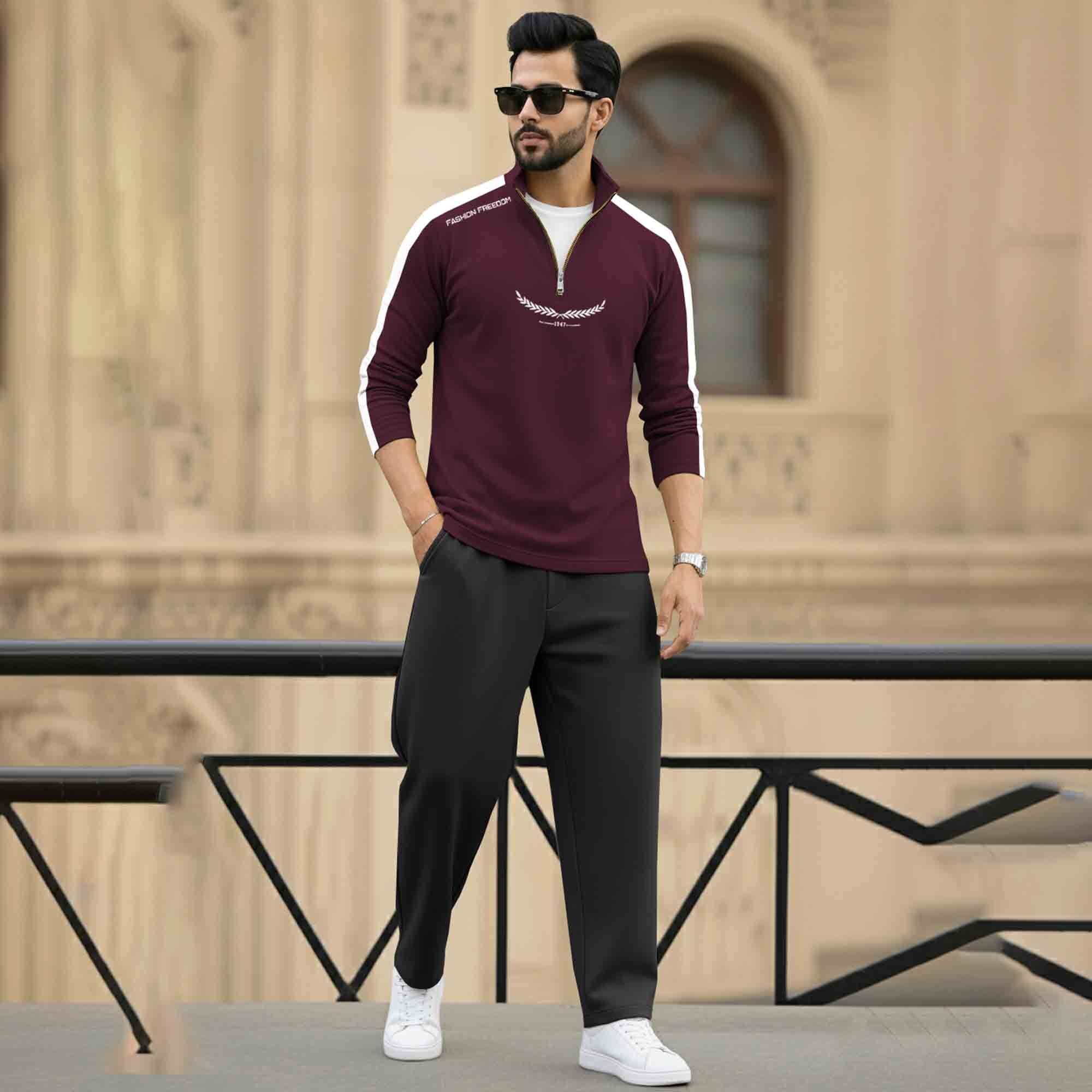 Men Full Sleeve Round Neck Cotton Blend Maroon-White T-shirt