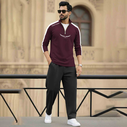 Men Full Sleeve Round Neck Cotton Blend Maroon-White T-shirt