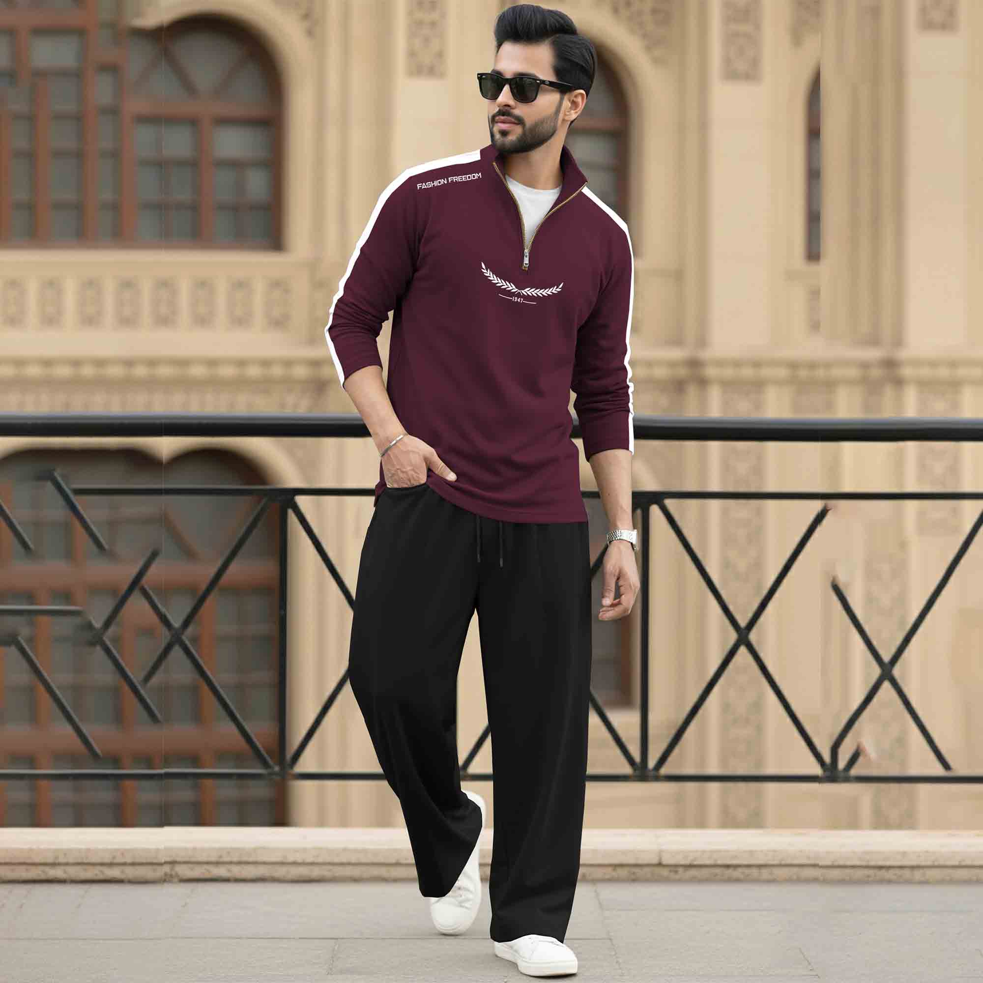 Men Tracksuit - High Neck Full Sleeve Printed T shirts & Plain Baggy pants- 15 Variants