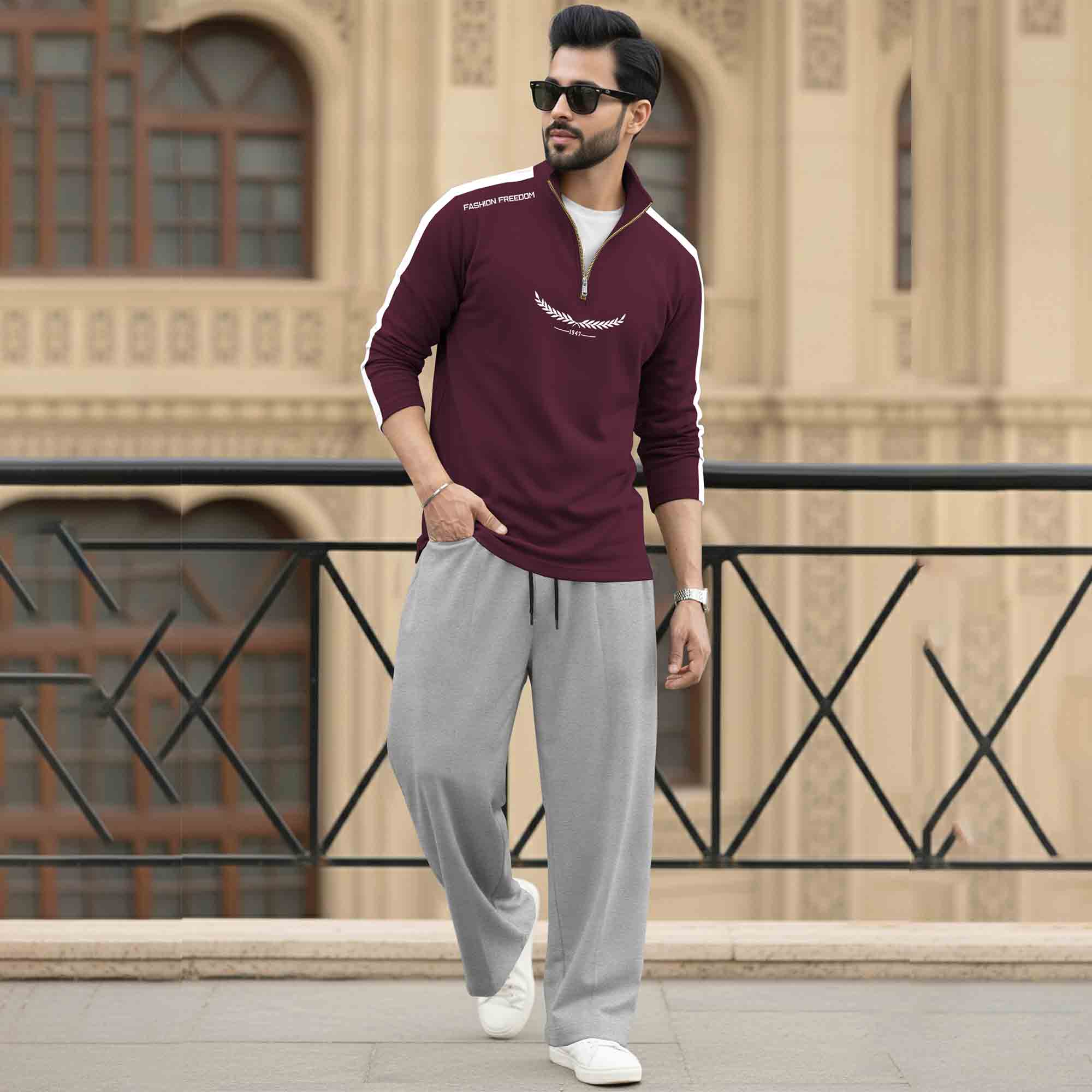 Men Tracksuit - High Neck Full Sleeve Printed T shirts & Plain Baggy pants- 15 Variants
