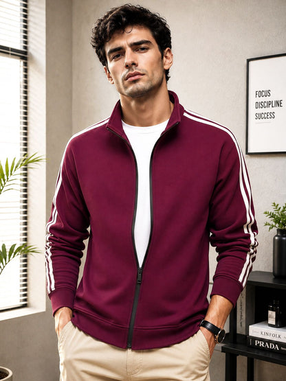 Mens Slim Fit High-Neck Winter Mroon Jacket with Side Stripes