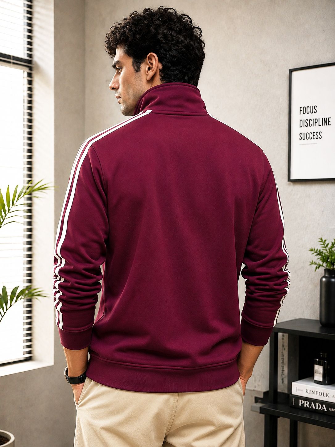 Mens Slim Fit High-Neck Winter Mroon Jacket with Side Stripes
