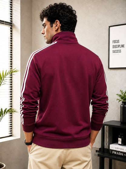 Mens Slim Fit High-Neck Winter Mroon Jacket with Side Stripes