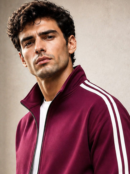 Mens Slim Fit High-Neck Winter Mroon Jacket with Side Stripes