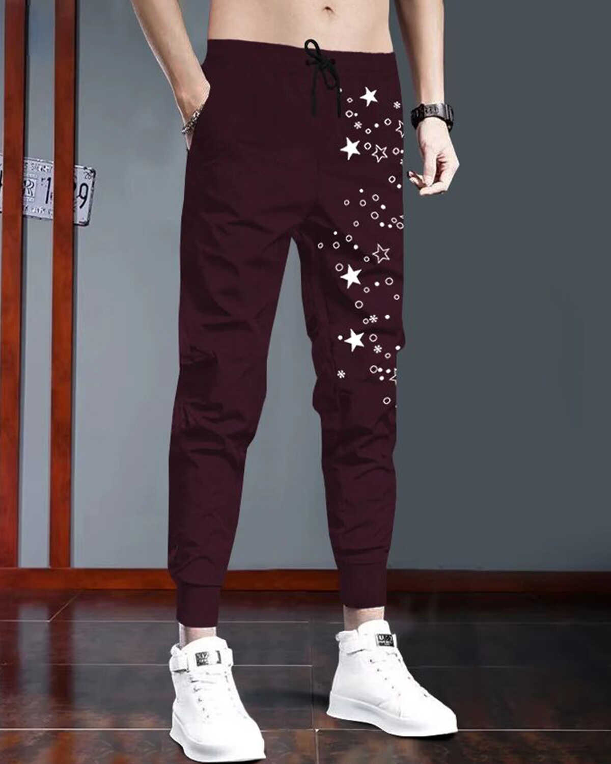 Men Star Printed With Cuffed Trackpant Maroon & White