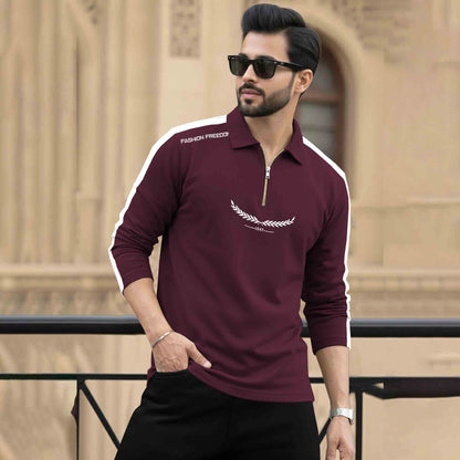 Men Quarter Zip Polo Neck Printed T-SHIRT Maroon & White