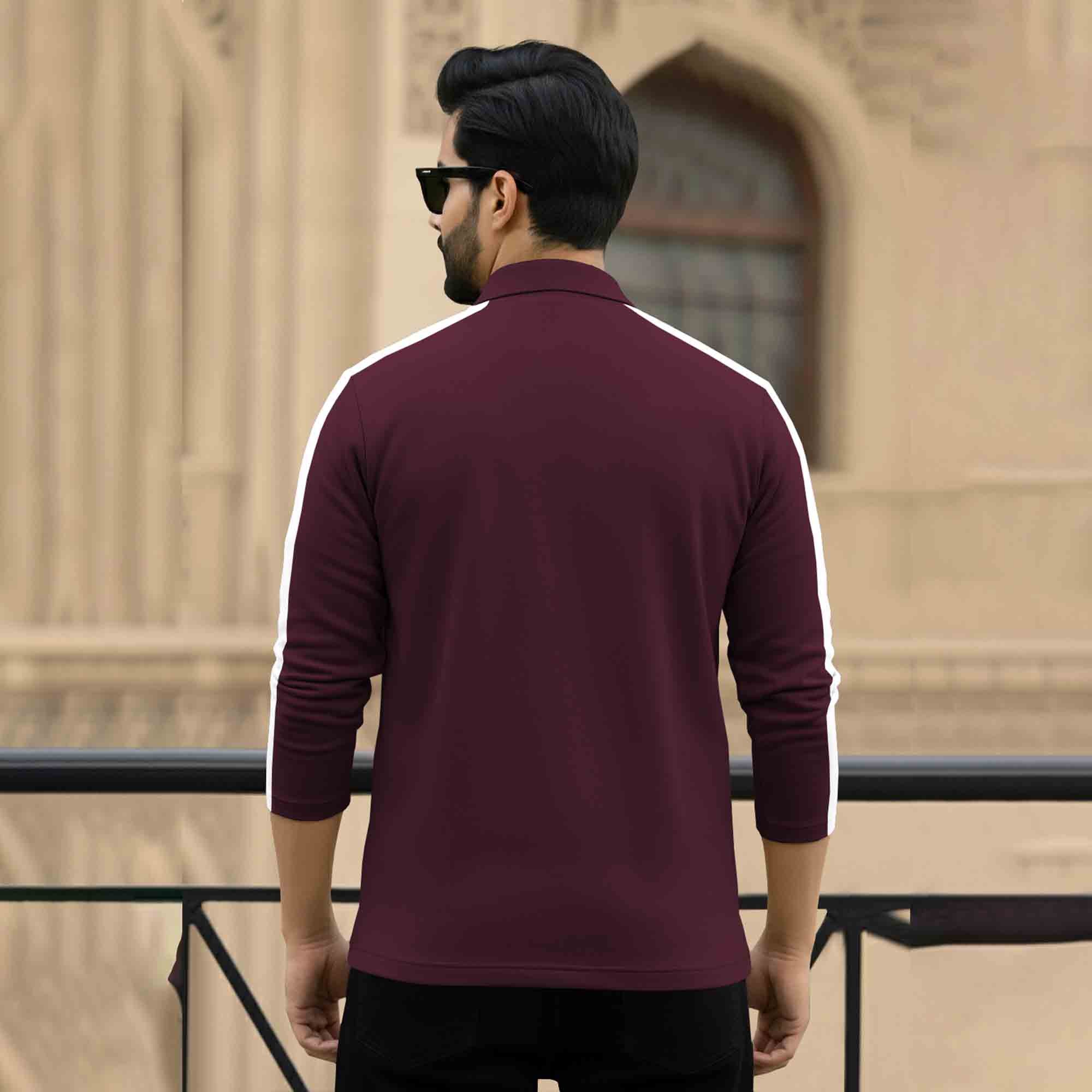 Men Quarter Zip Polo Neck Printed T-SHIRT Maroon & White