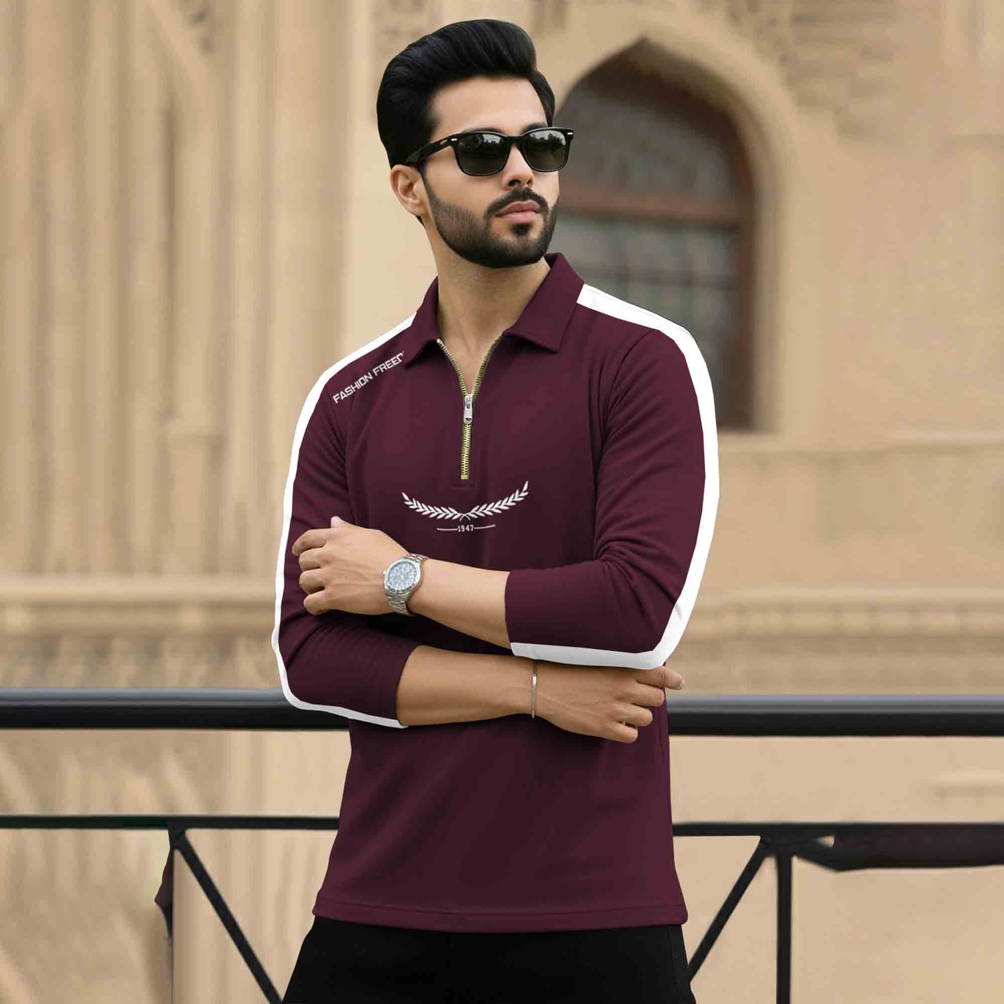 Men Quarter Zip Polo Neck Printed T-SHIRT Maroon & White
