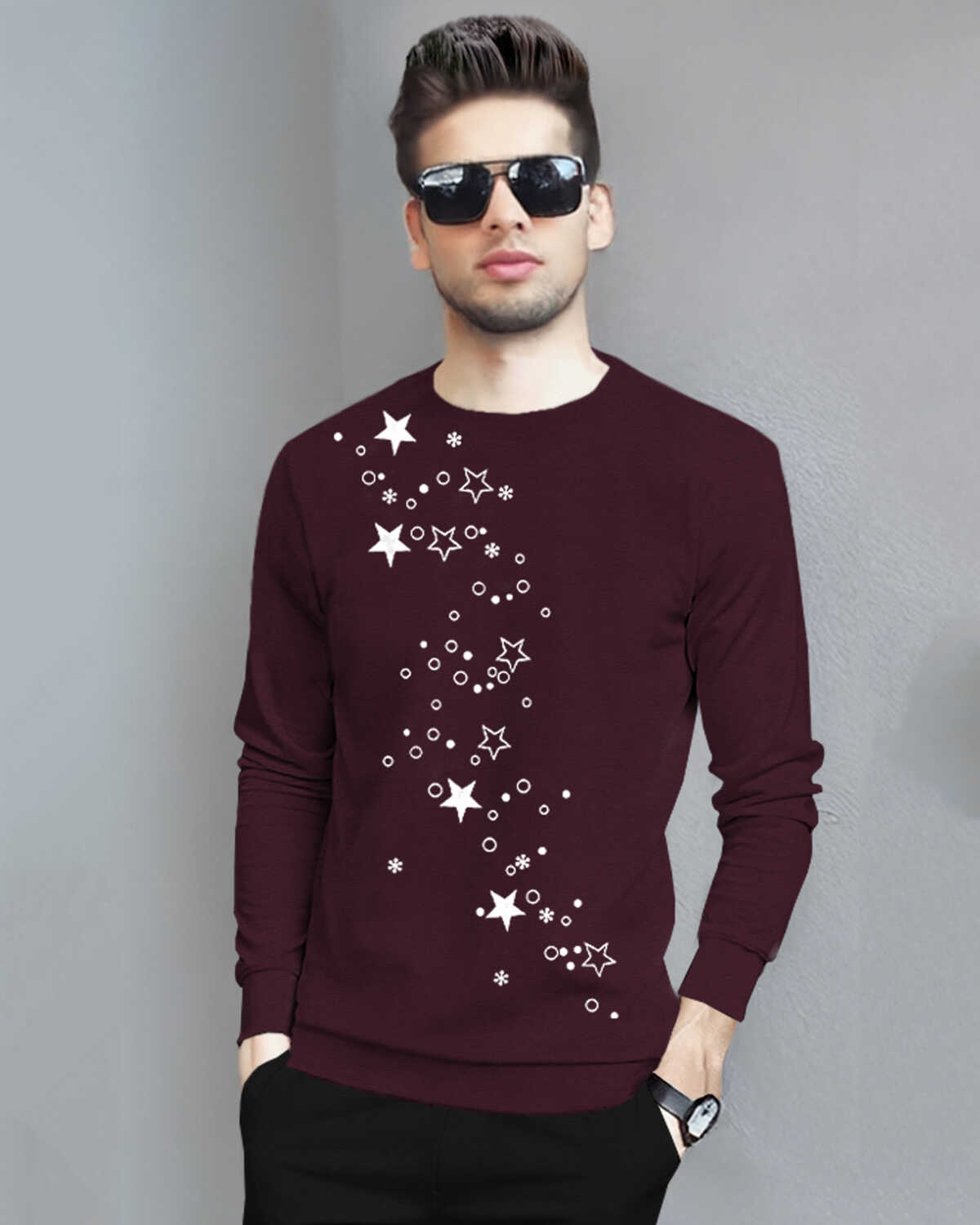 Men Full Sleeve Star Printed Round Neck Black T-Shirt