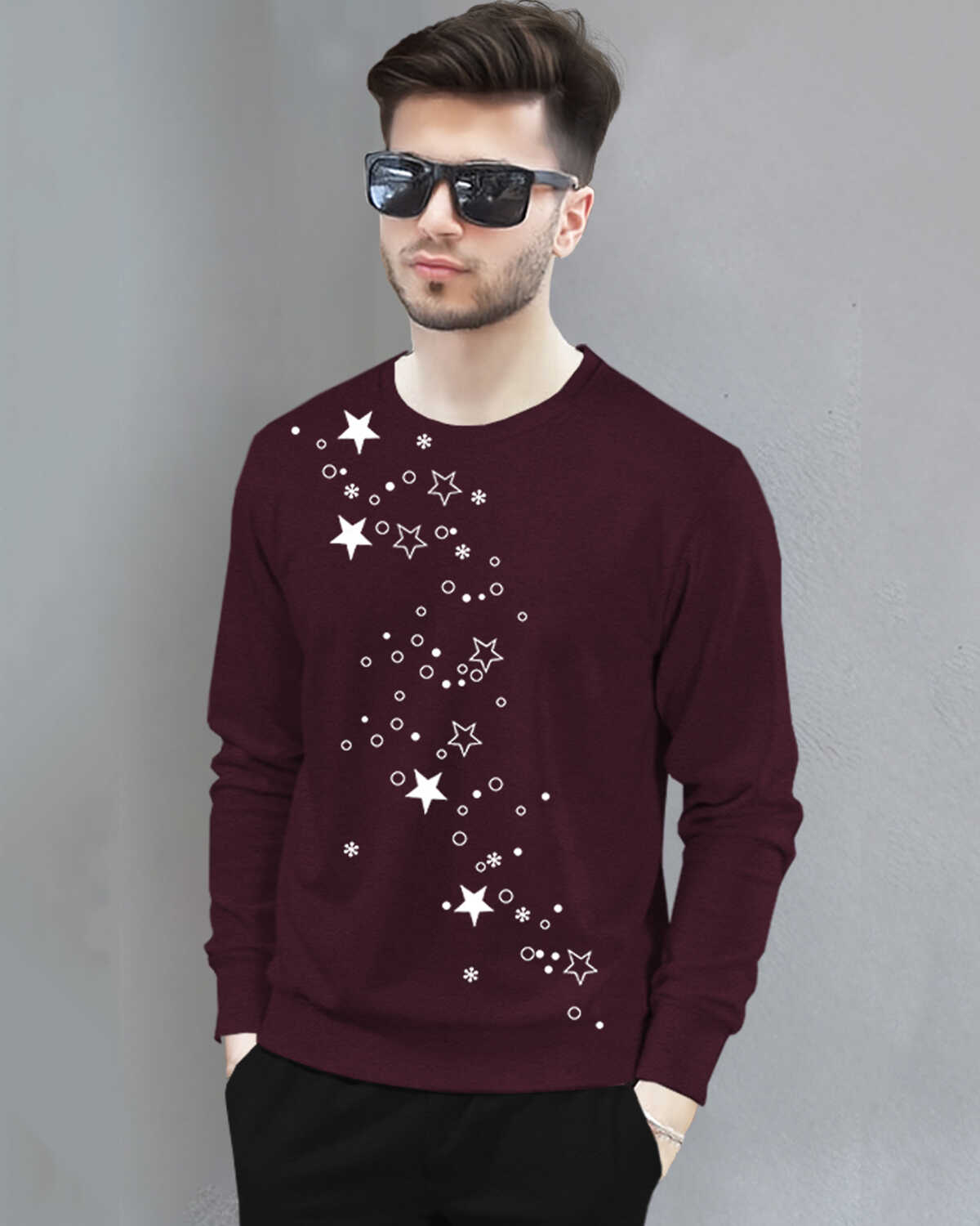 Men Full Sleeve Star Printed Round Neck T-Shirt Maroon