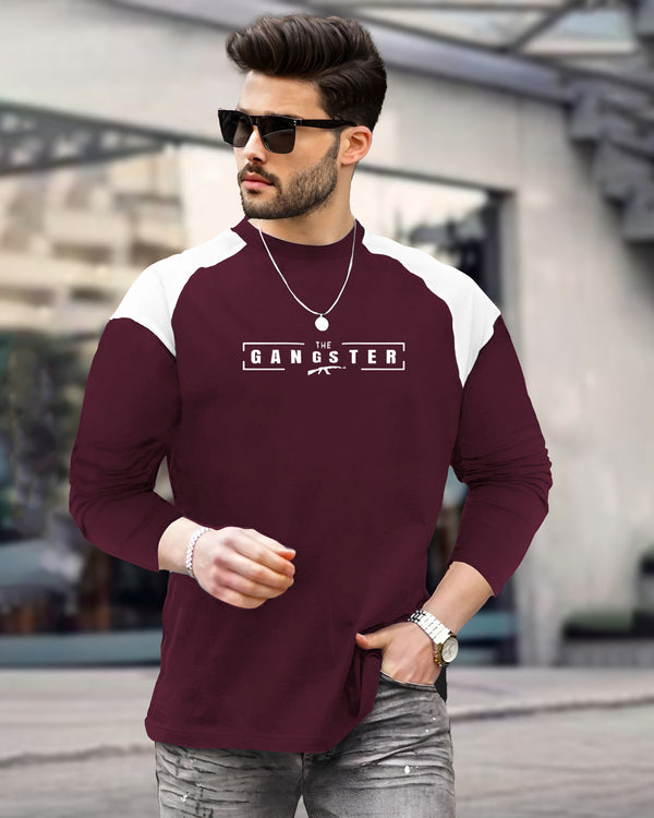 Men Maroon Full Sleeve Gangster Print T-shirt