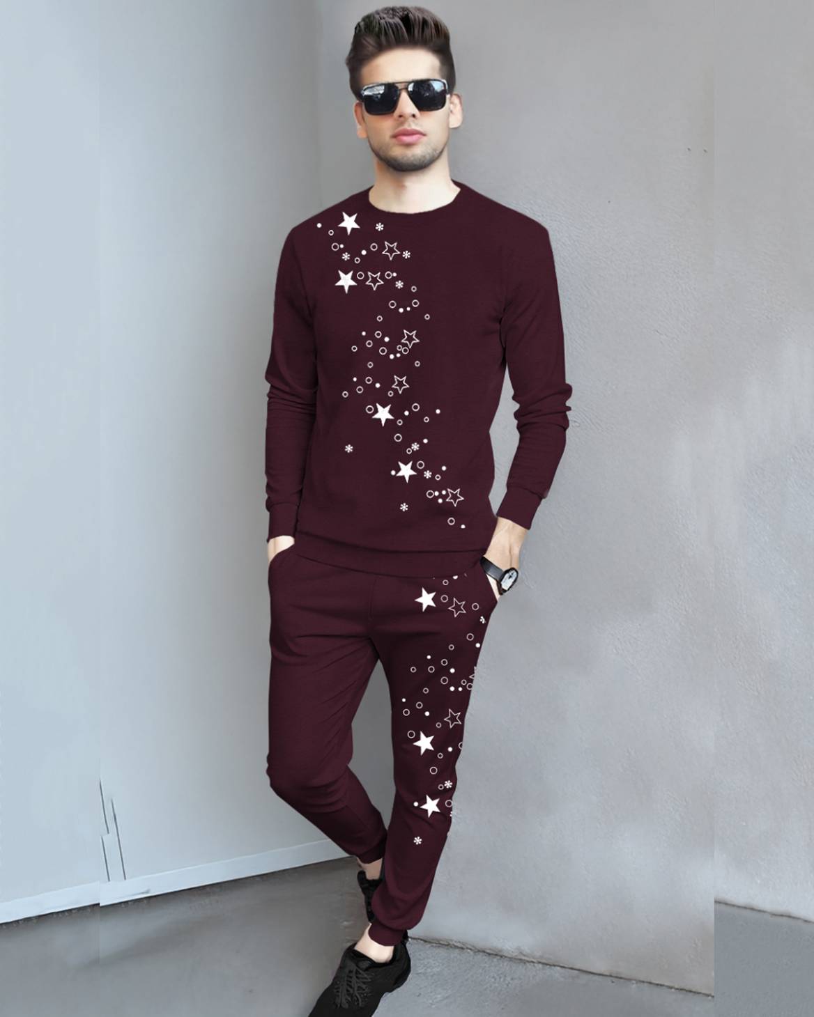 Tracksuit Full Sleeve Star Printed Maroon T-shirt / Maroon Printed Trackpant
