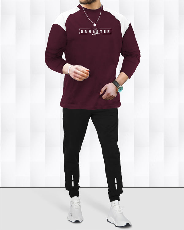 Tracksuit - Gangster Printed Maroon Full T-shirt & Black Trackpant