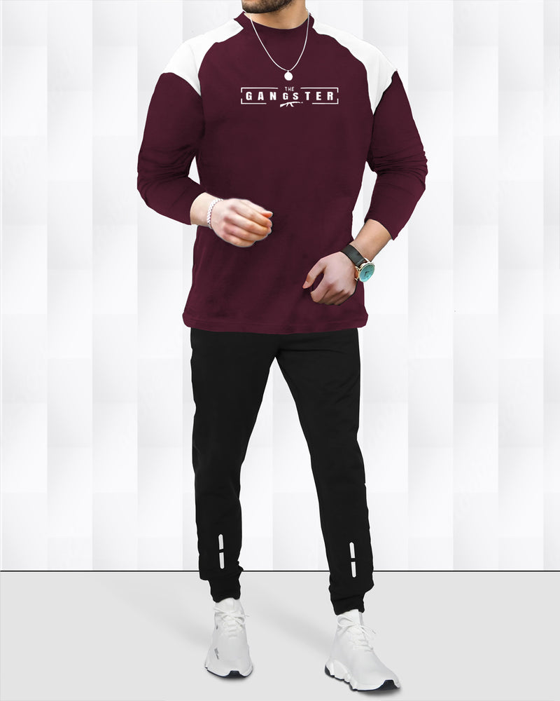 Tracksuit - Gangster Printed Maroon Full T-shirt & Black Trackpant