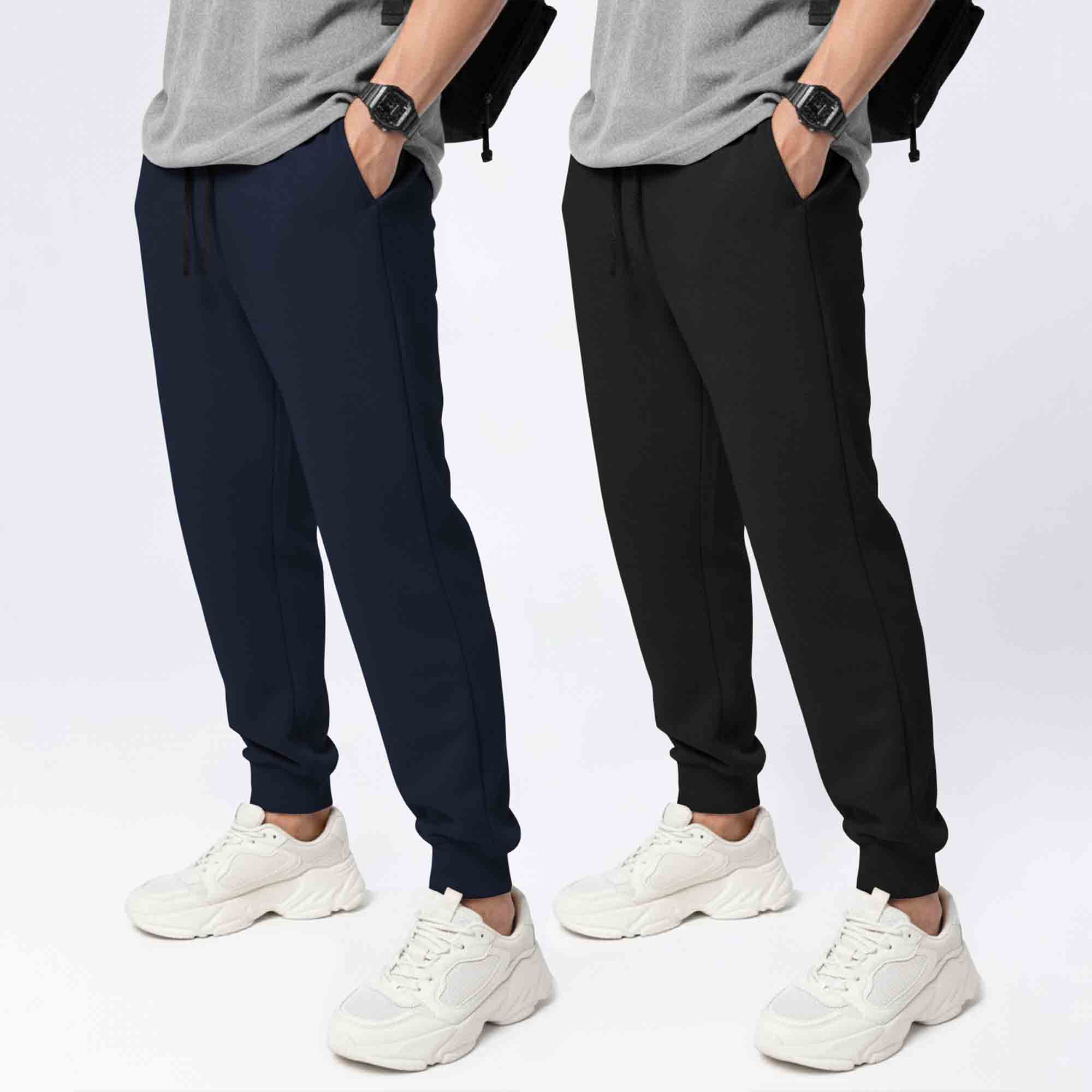(Pack Of 2) Mens Cotton Blend Solid Navyblue & Black Joggers