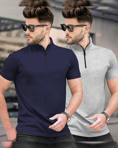 (Pack Of 2) Half Sleeve Men High Neck T-shirts / Navy & Grey