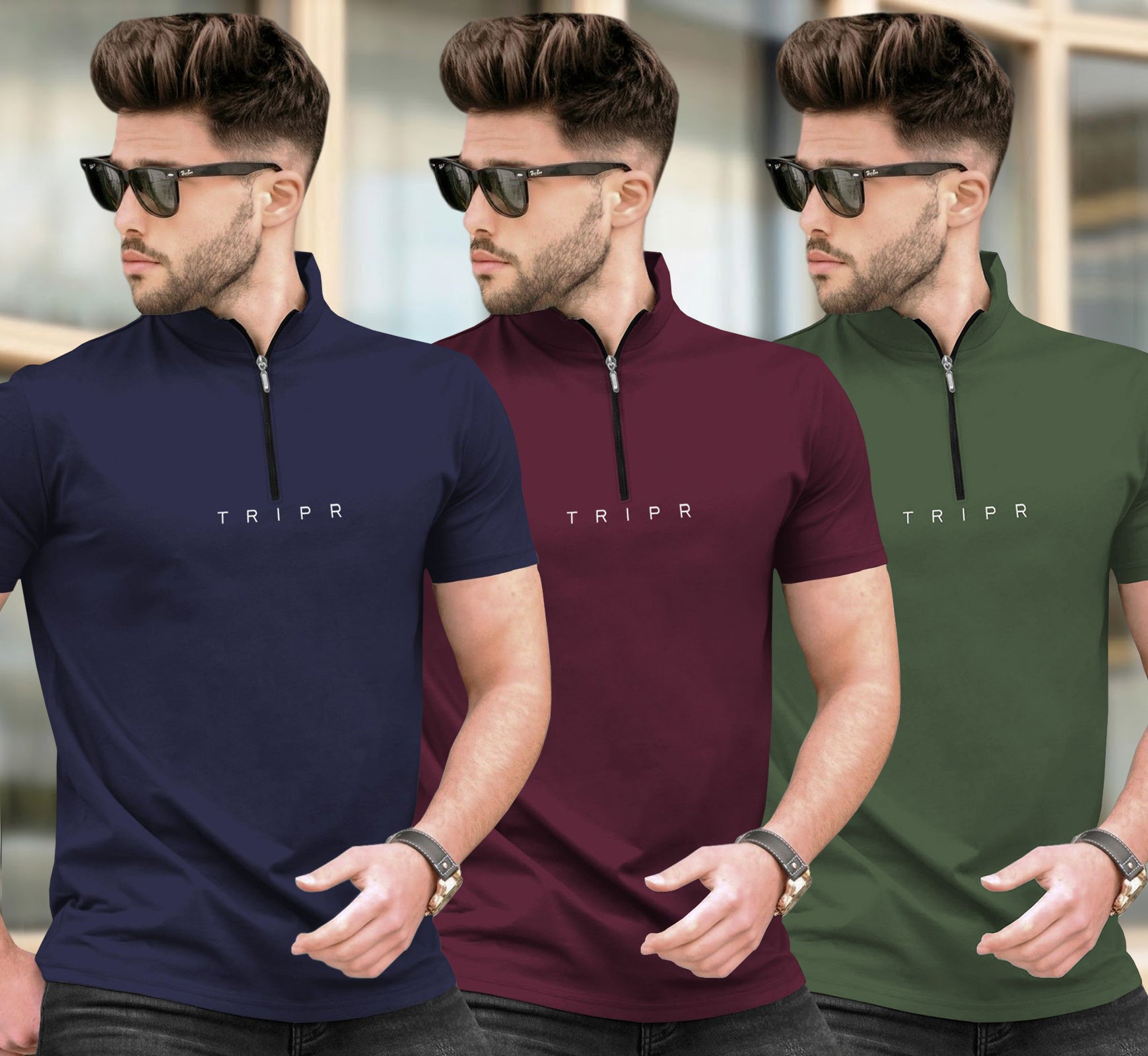(Pack Of 3) High Neck Half Sleeve Plain T-shirts Multicolor