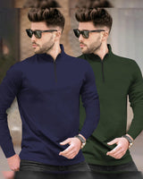 (Pack Of 2) Full Sleeve Men High Neck Plain T-shirts / Navy & Olive