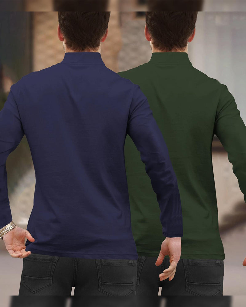 (Pack Of 2) Full Sleeve Men High Neck Plain T-shirts / Navy & Olive