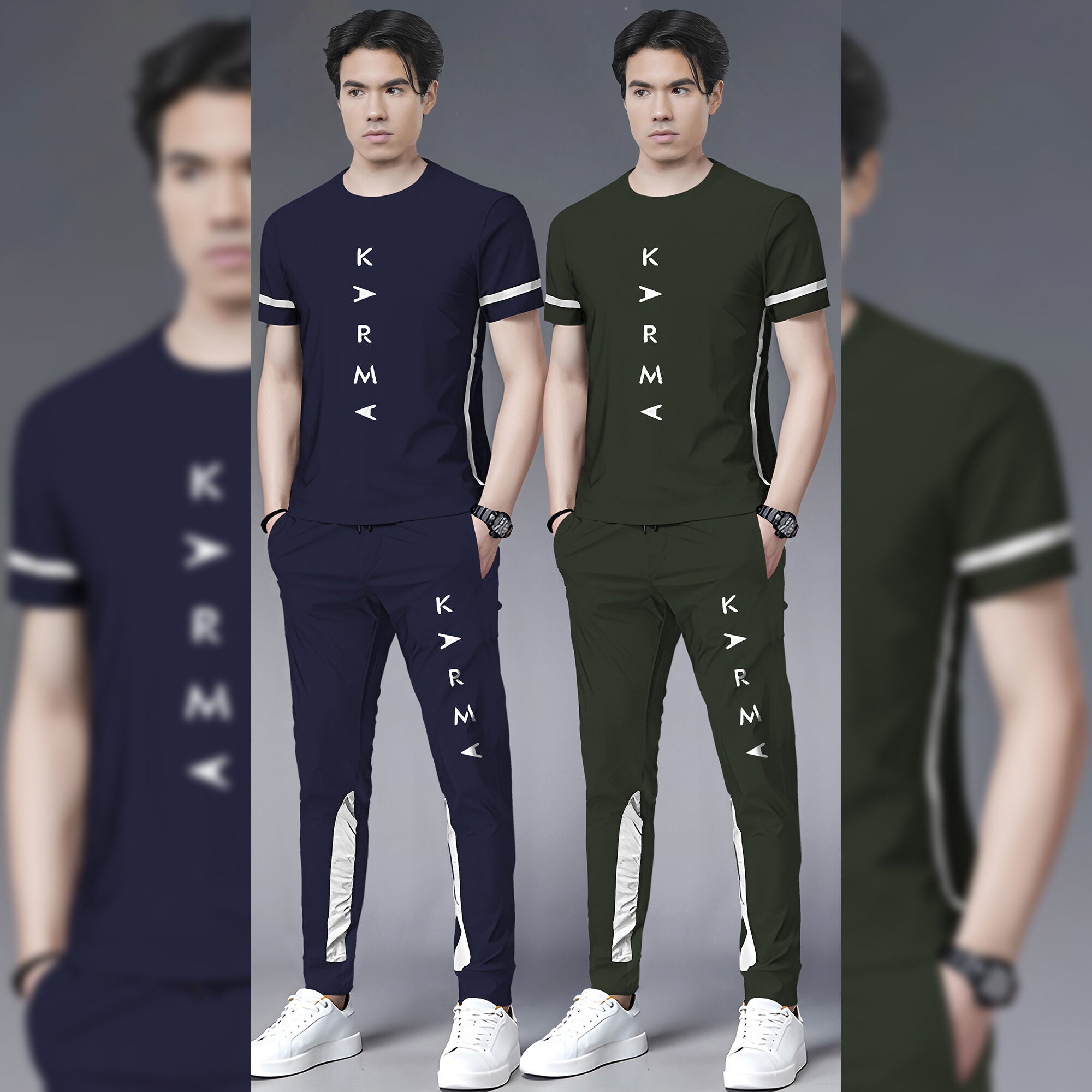 (Pack Of 2) Half Sleeve Printed Tracksuit Navy & Olivegreen