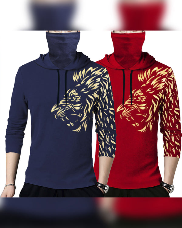 PACK OF 2 | Lion Printed Hooded Mask T-shirt | RED & NAVY