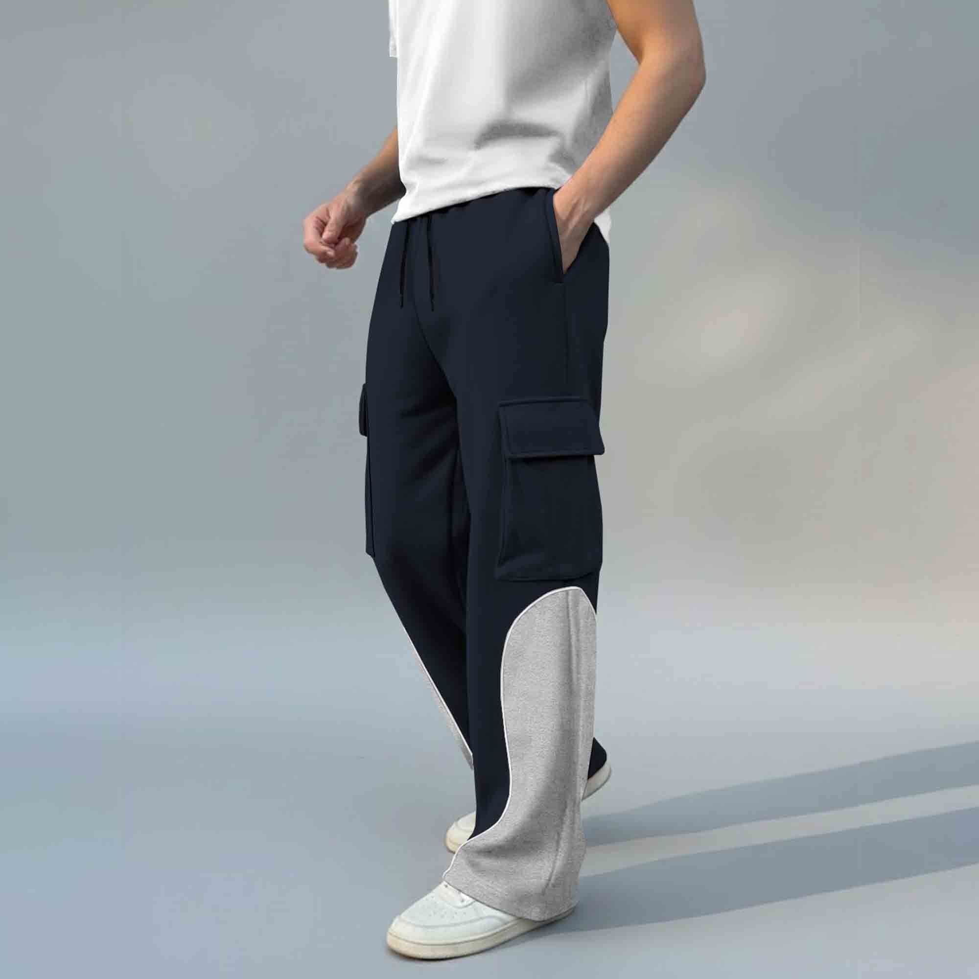 Men 4 Pockets Dual Color Baggy Cargo Pant Navyblue & Grey